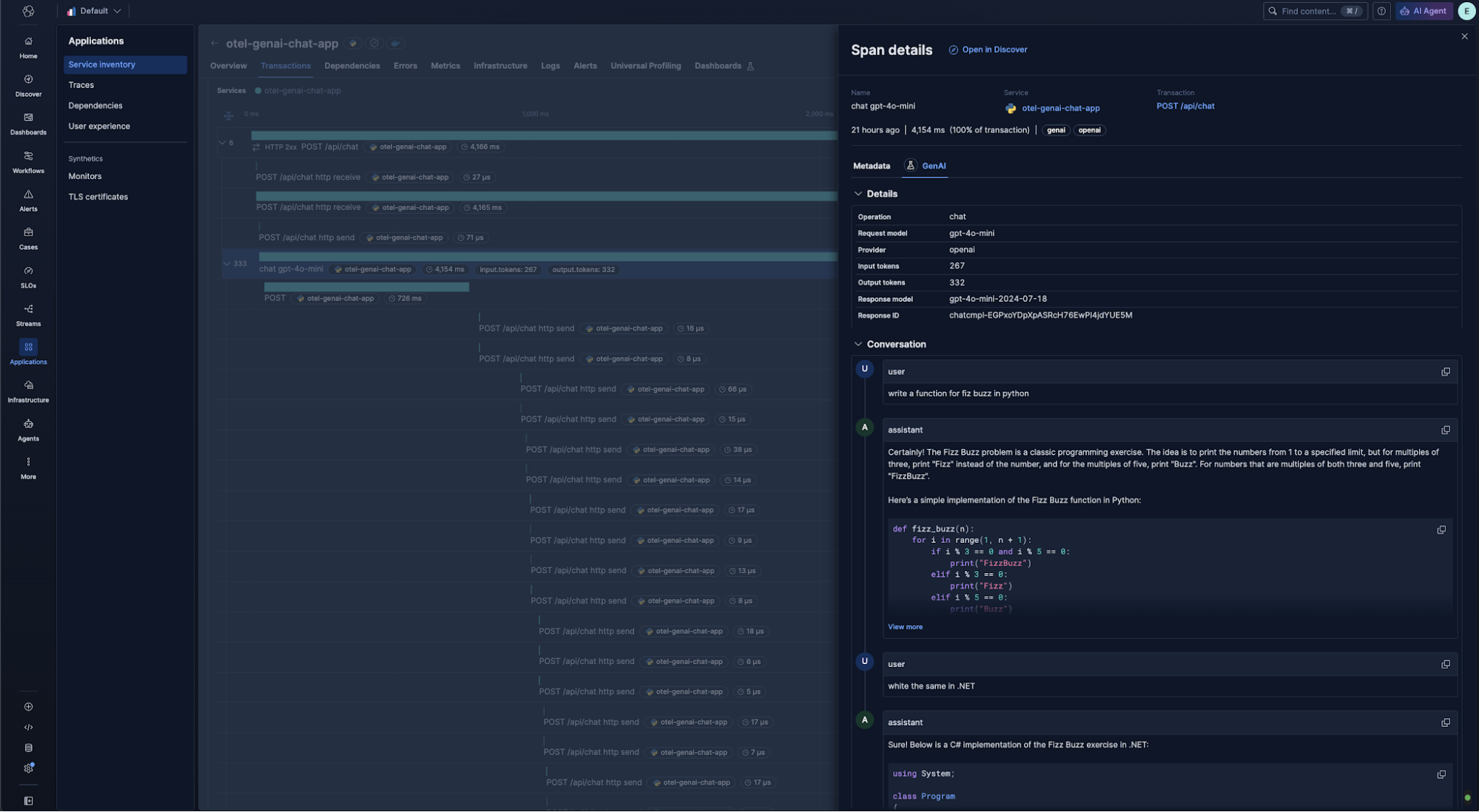 This is the GenAI tab in the span flyout, showing model provider, input messages, and the full response.