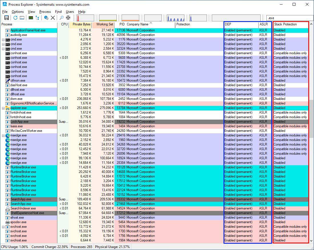 Software support for HSP is limited, even among Microsoft's processes (in red). Contrasted (in blue) against mature technologies like DEP and ASLR Software support for HSP is limited, even among Microsoft's processes (in red). Contrasted (in blue) against mature technologies like DEP and ASLR