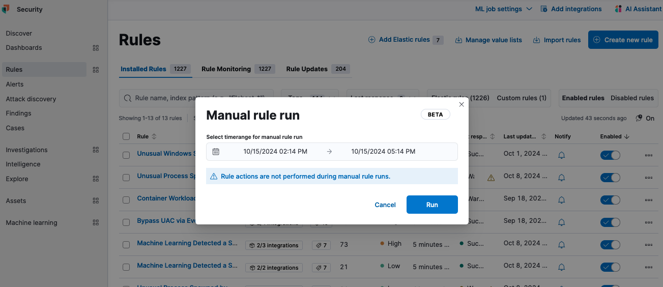 Figure 22. Configuring manual run for a detection rule