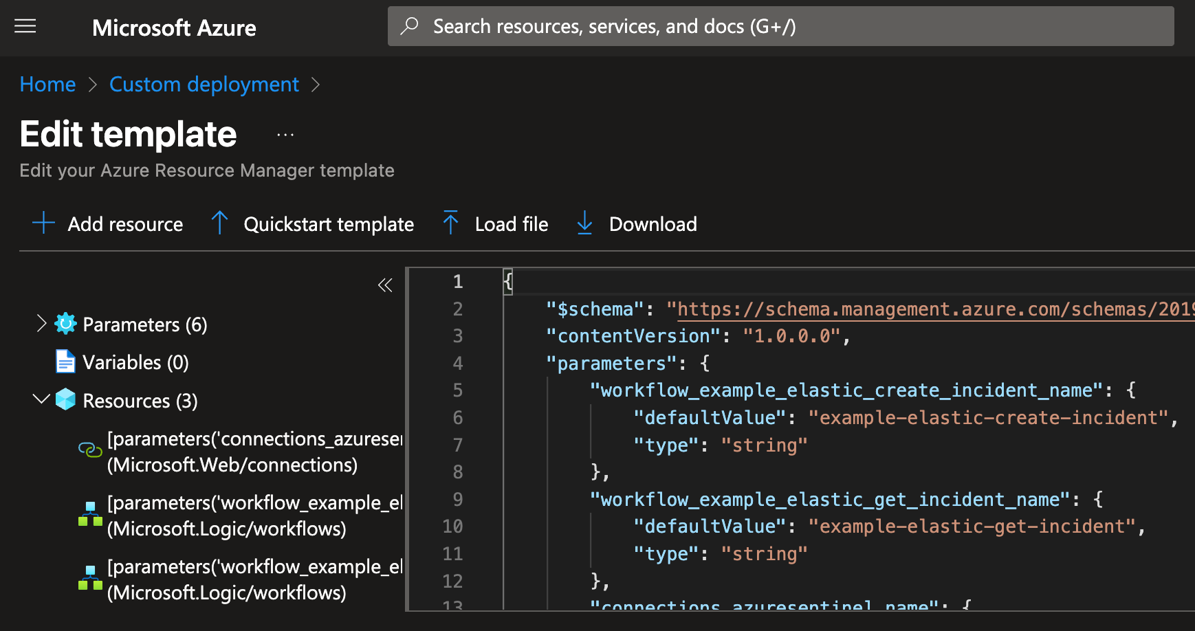 Uploading the template in Azure