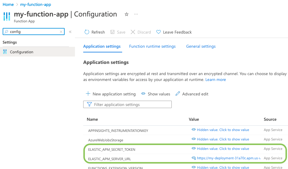 elastic observability my function app configuration