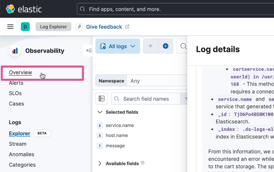 Select Overview from the Observability menu.