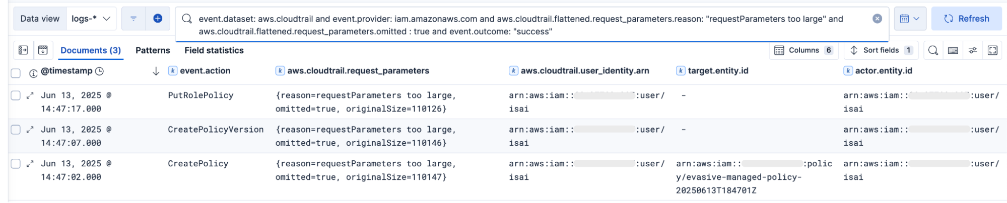 KQL query and results for detection use case in Discover view