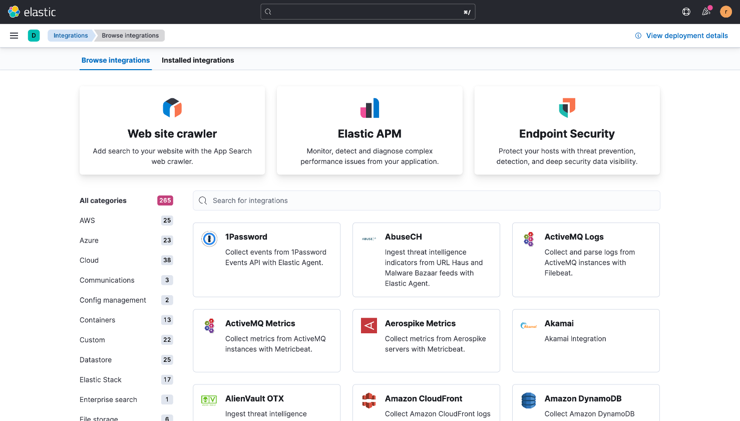 Screenshot of Elastic integrations with security and IT data sources