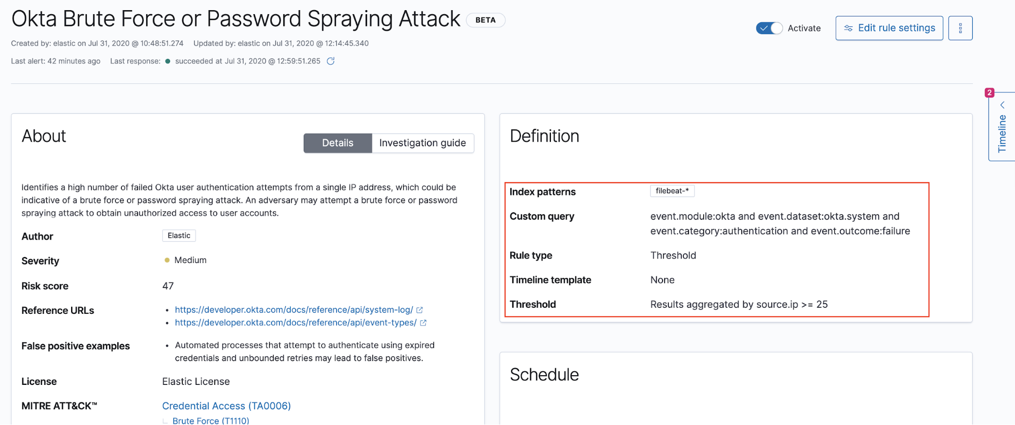 Figure 15 - Reviewing a threshold rule configured to detect an Okta brute force attack