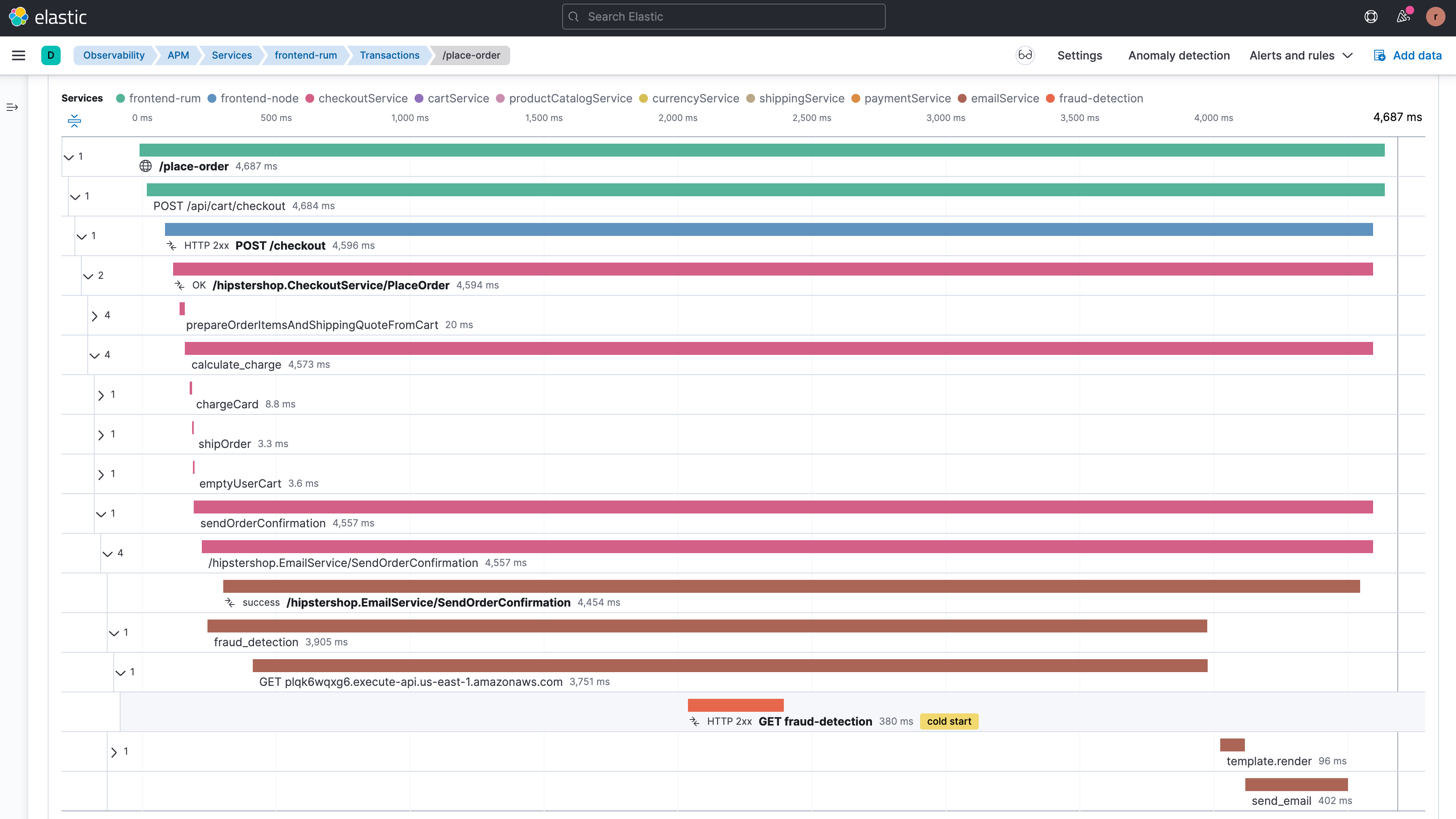 Identify latency issues and cold starts for your serverless functions, along with any errors or exceptions, in context with your other services.