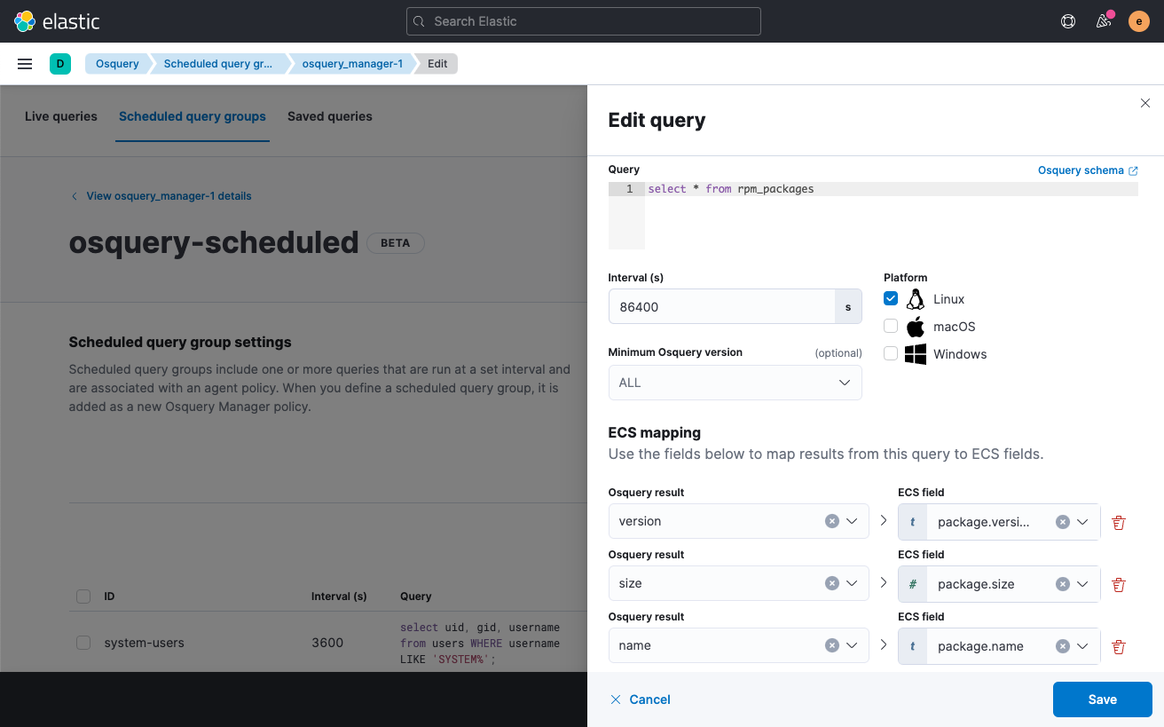 osquery Elastic scheduled query