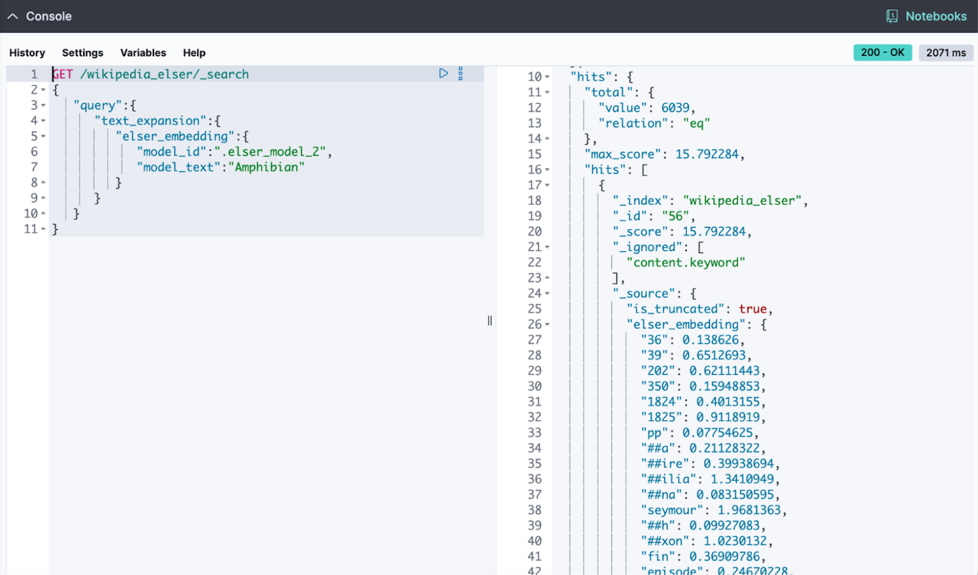 1 - Developer Console available everywhere in Kibana — example using built-in ELSER model