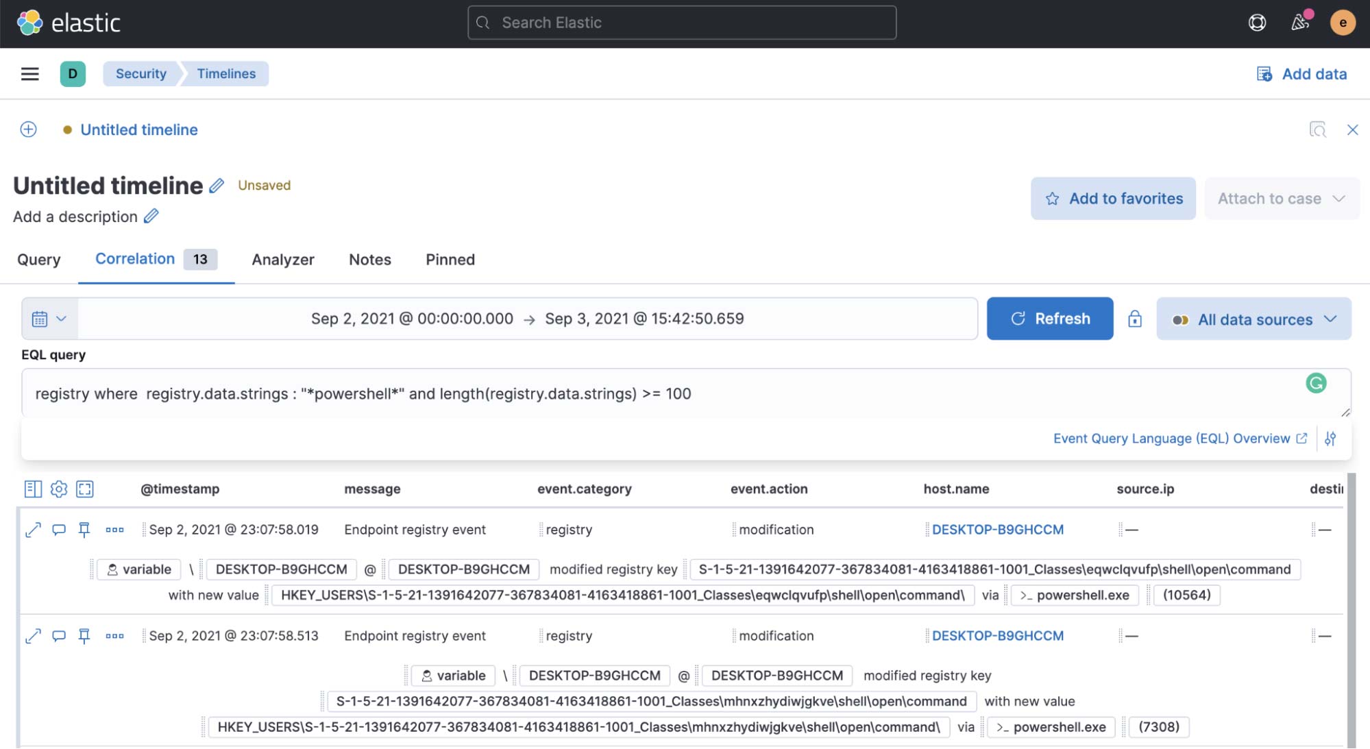 Figure 23: Hunt query identifying long Registry strings in Timelines