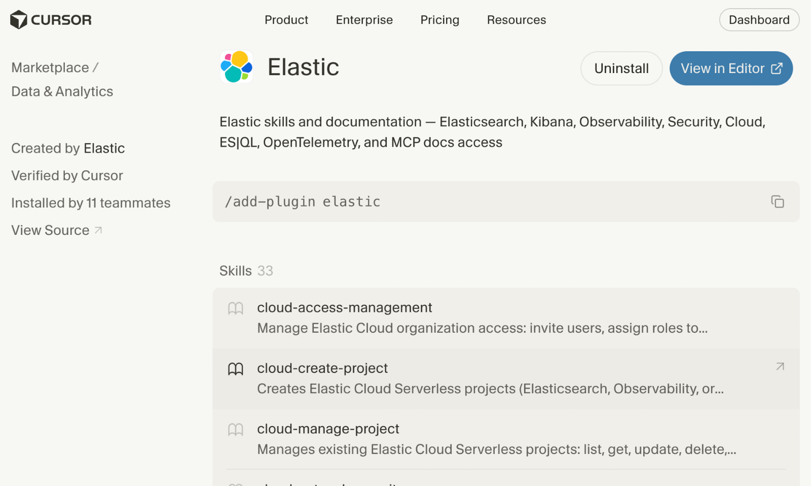 Cursor showing Elastic skills and documentation