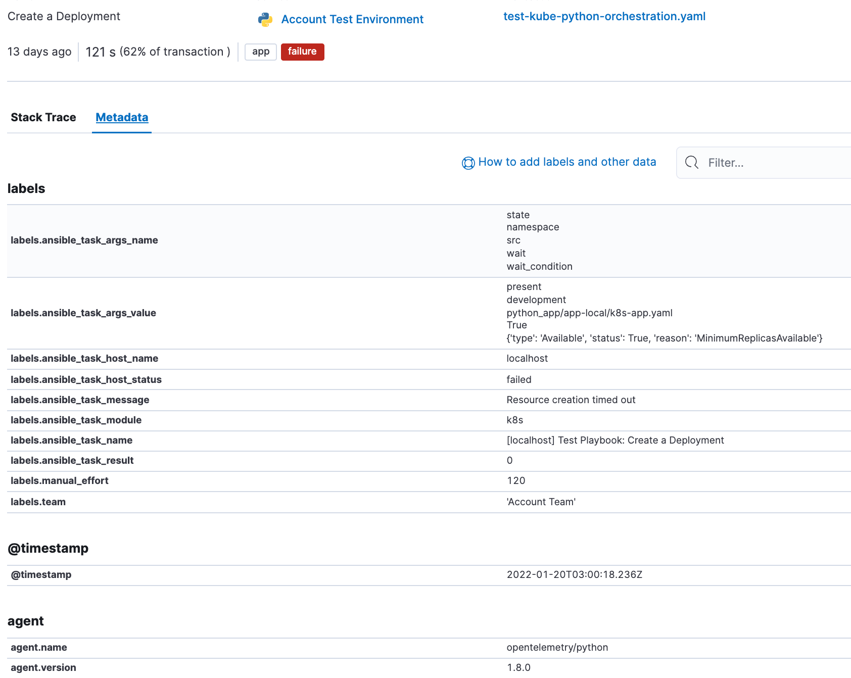 Span details for a failed transaction