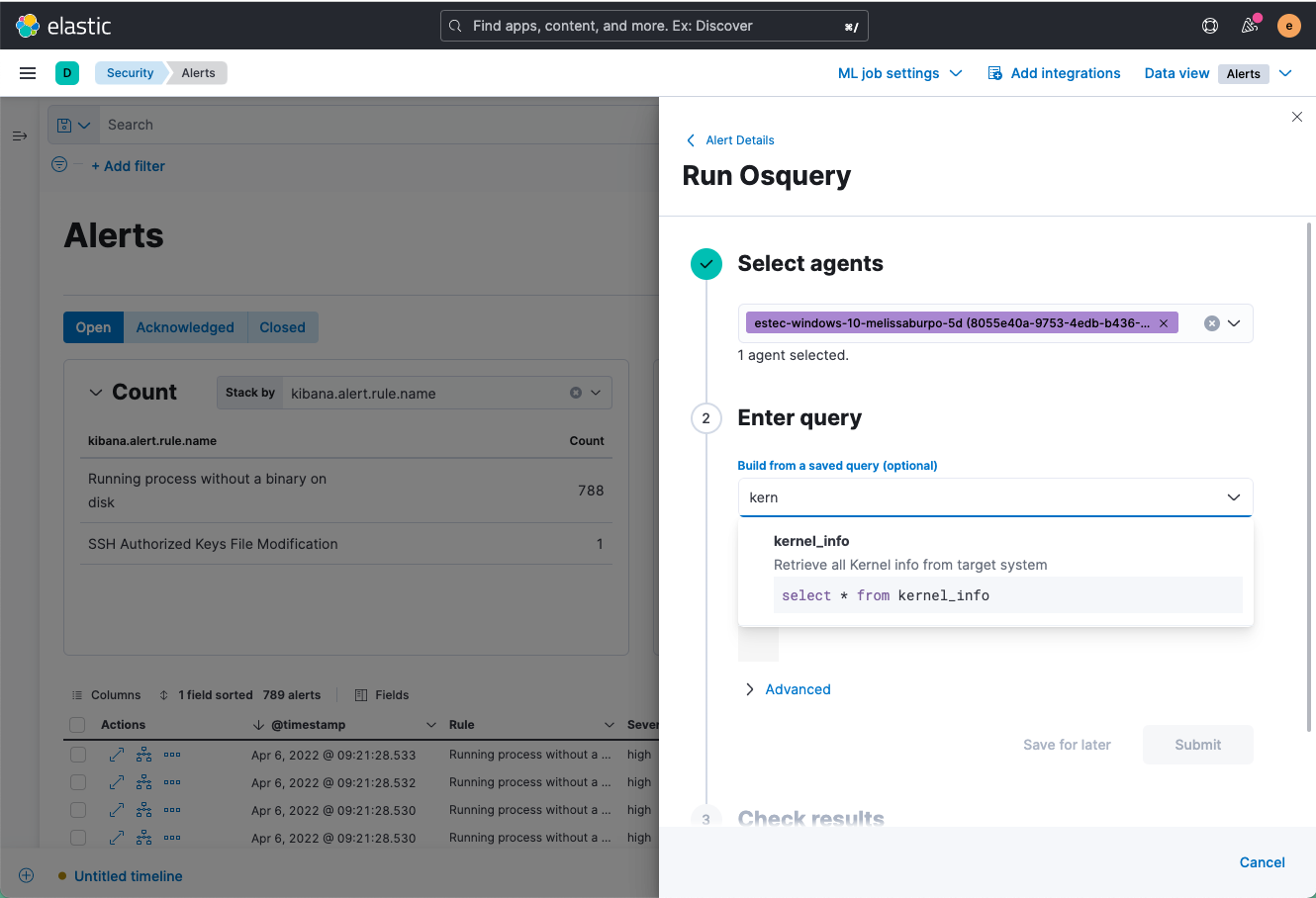 Osquery Manager search from alert on Elastic Security