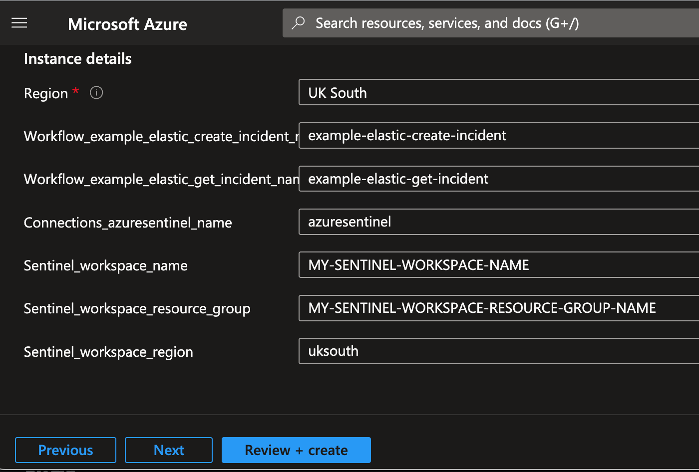 Configuring the template variables in Azure