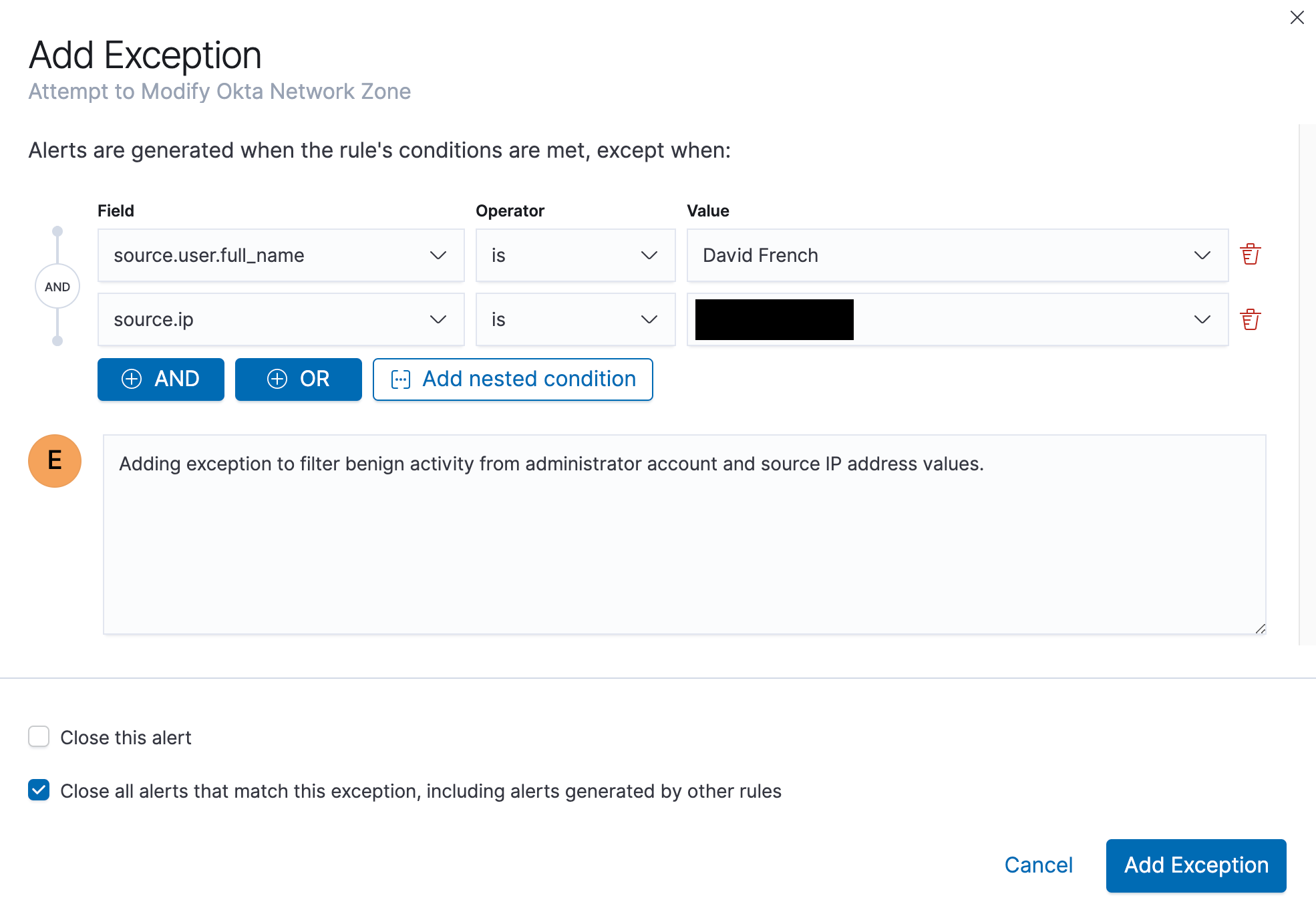 Figure 14 - Adding an exception to a rule in Elastic Security