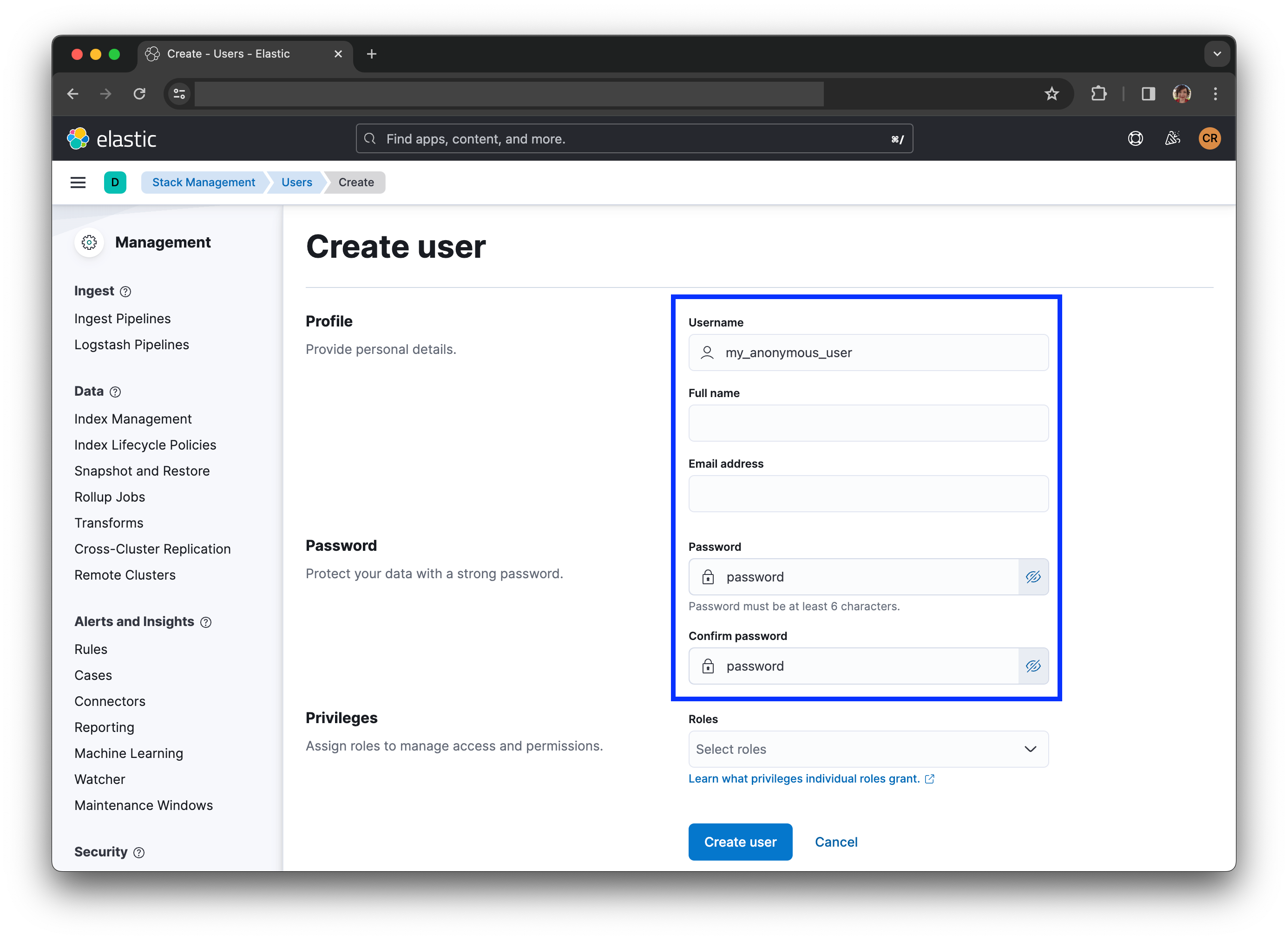 Kibana create auth usER