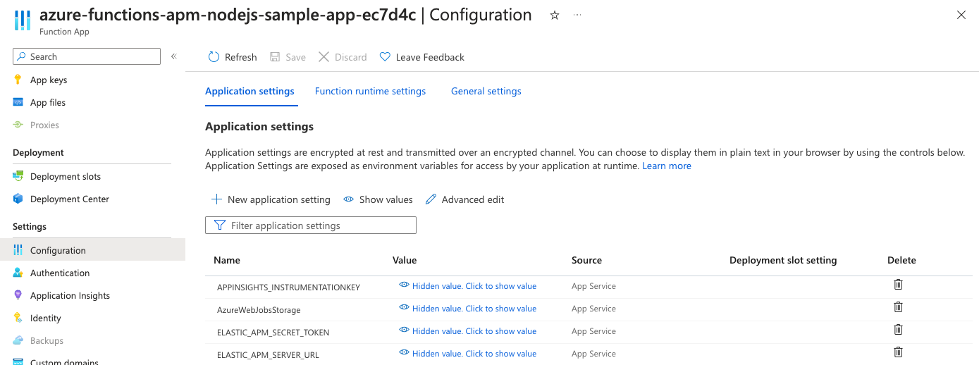 azure functions application settings