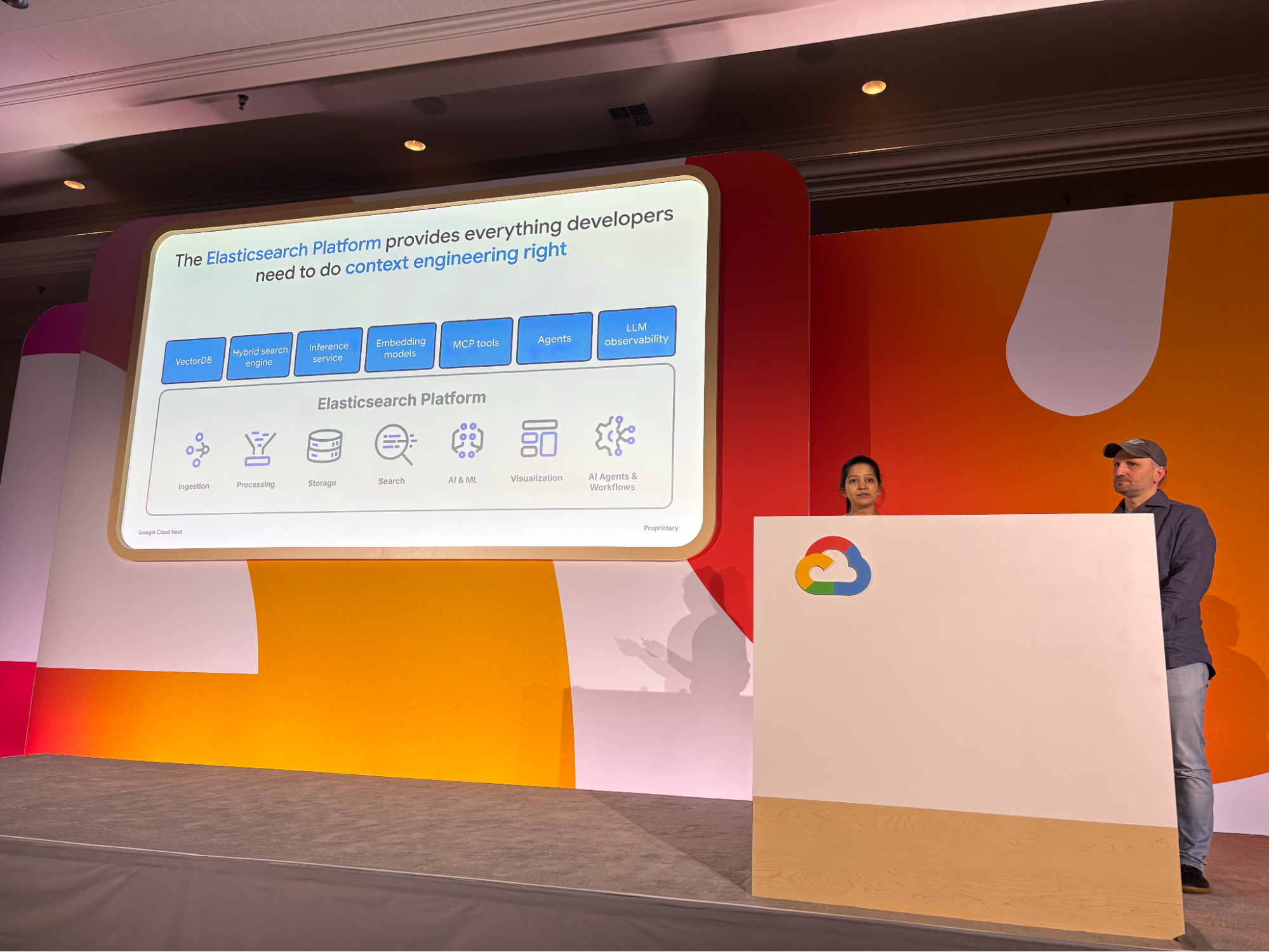 Speakers on stage focus on the capabilities and value of Agent Builder and Workflows features 