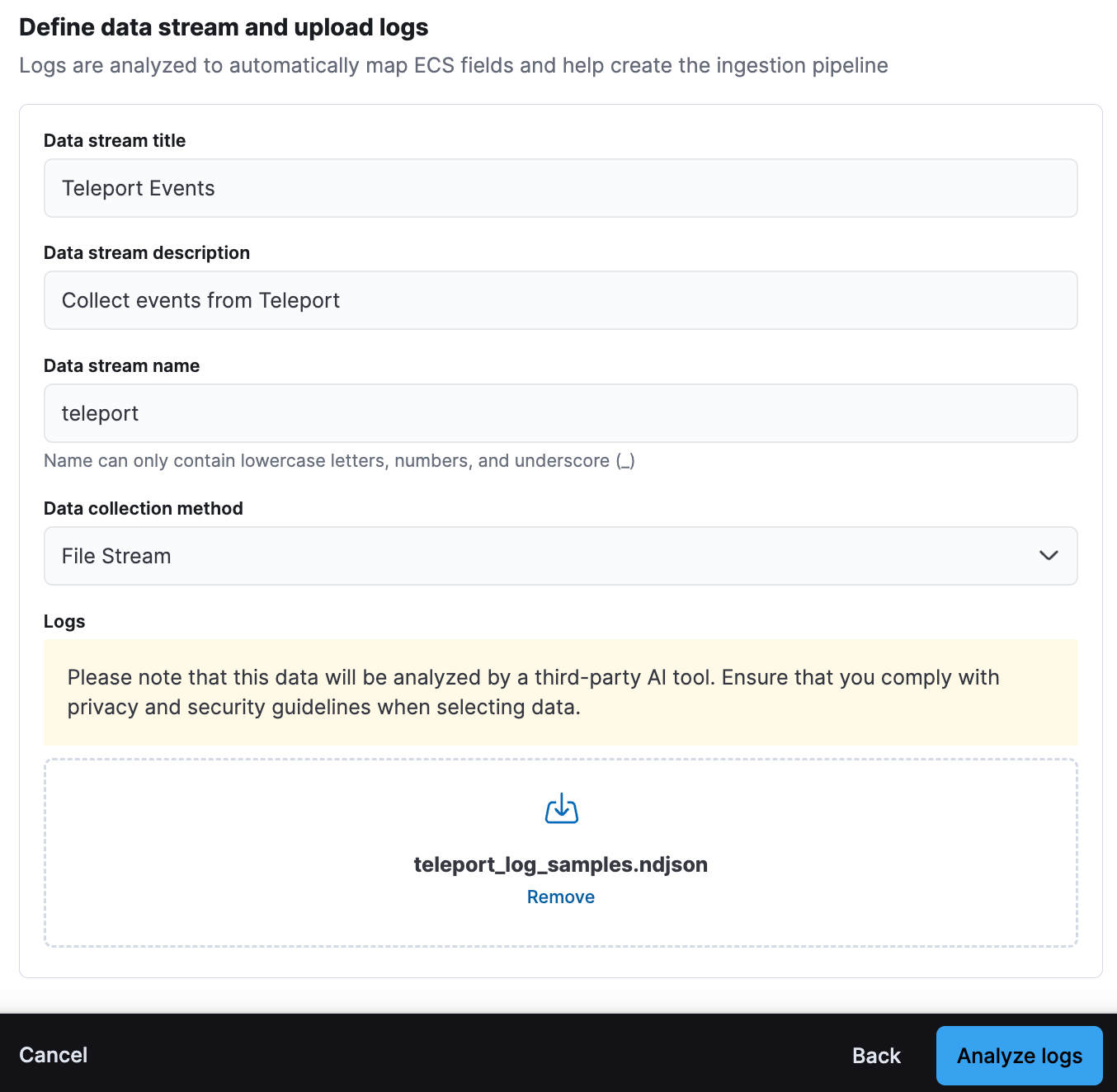 define data stream and upload logs screenshot