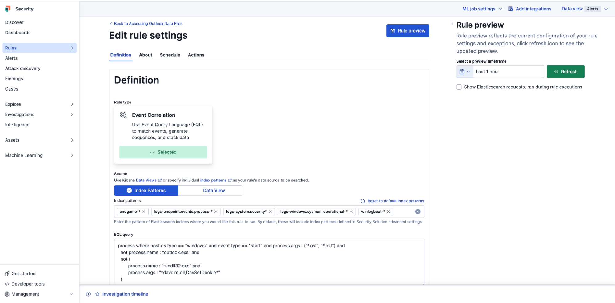 Detection rule editor showing customizable query logic