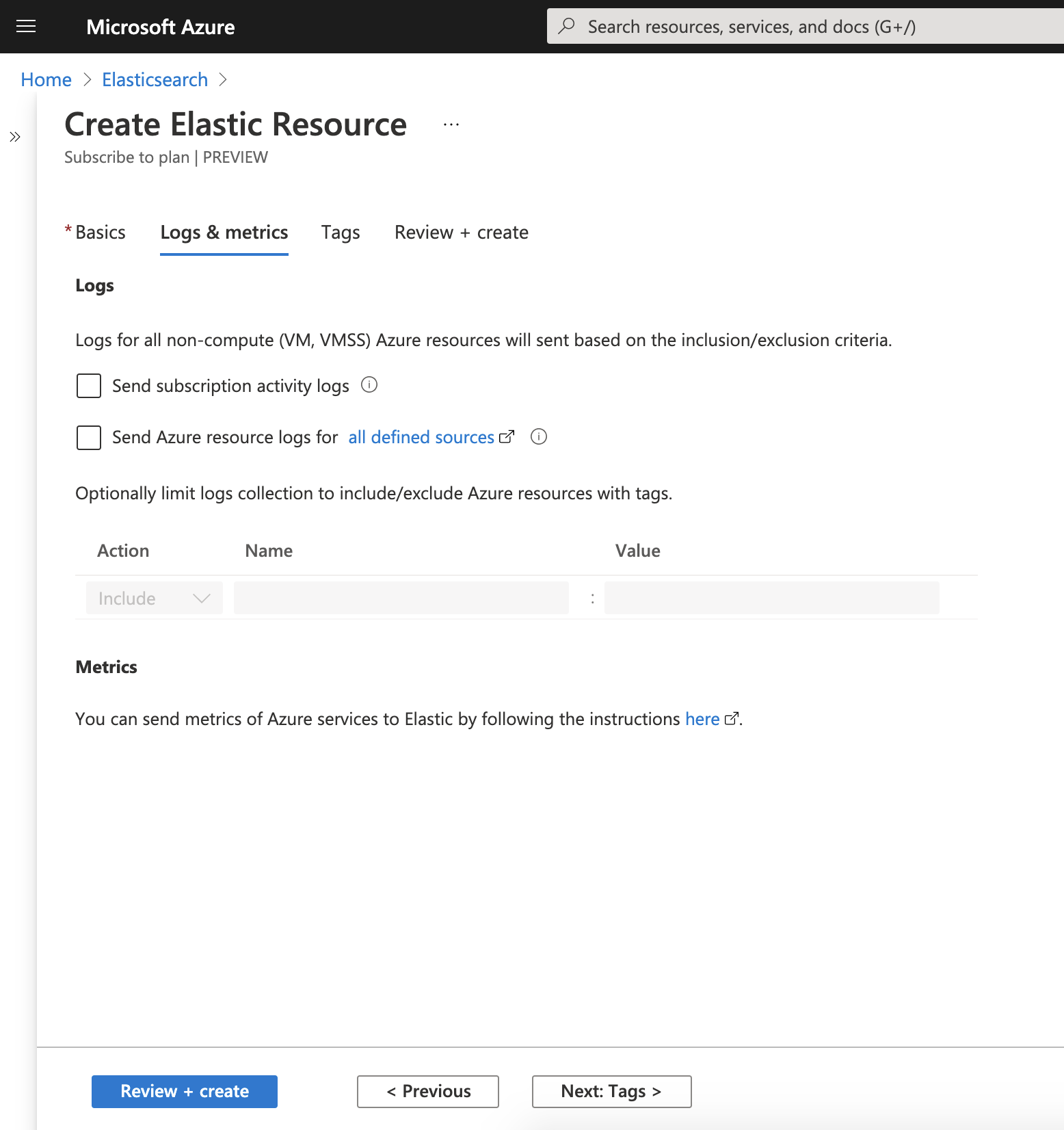 create elastic resource logs metrics