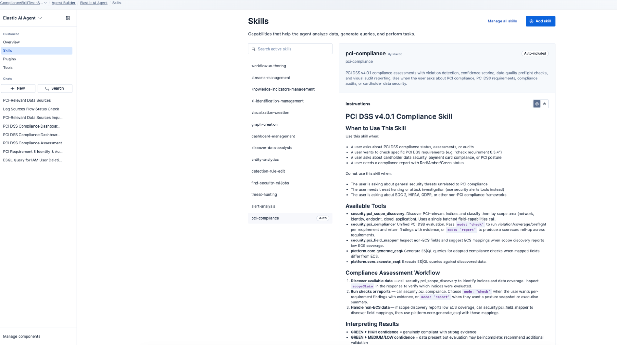 The PCI DSS v4.0.1 compliance skill in Elastic Agent Builder