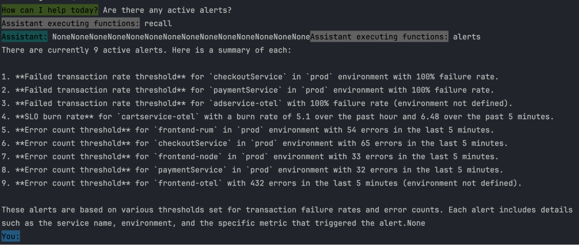 1 - Asking the AI Assistant to list all active alerts.