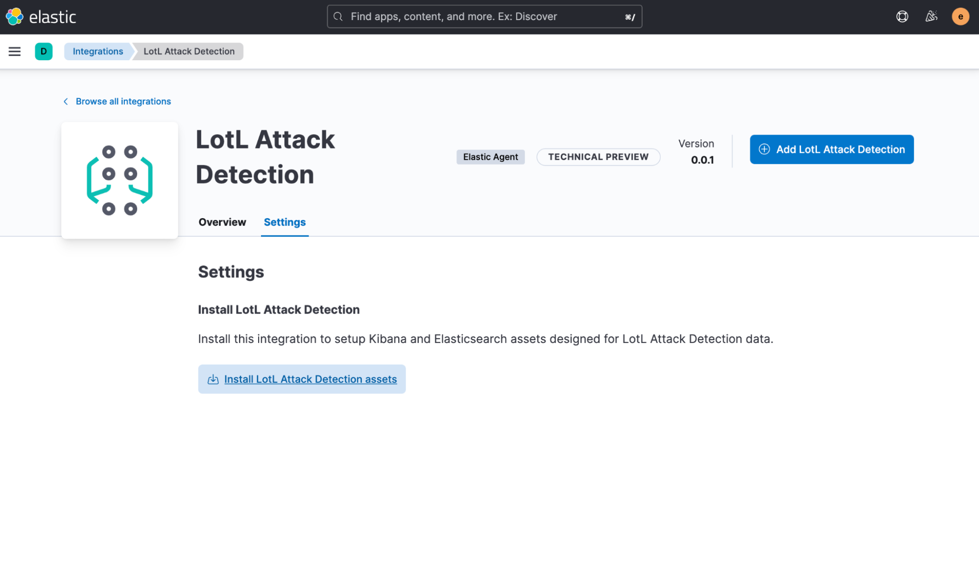 To install the assets, click the `Install LotL Attack Detection assets` button under the `Settings` tab.