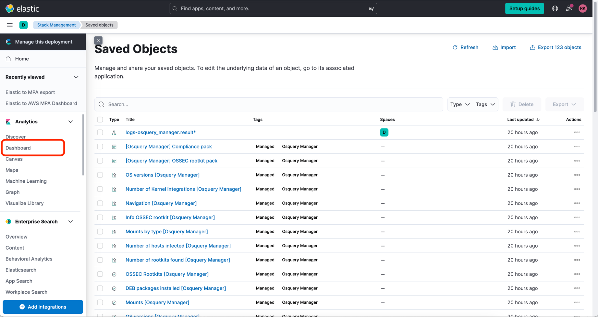 saved objects dashboard