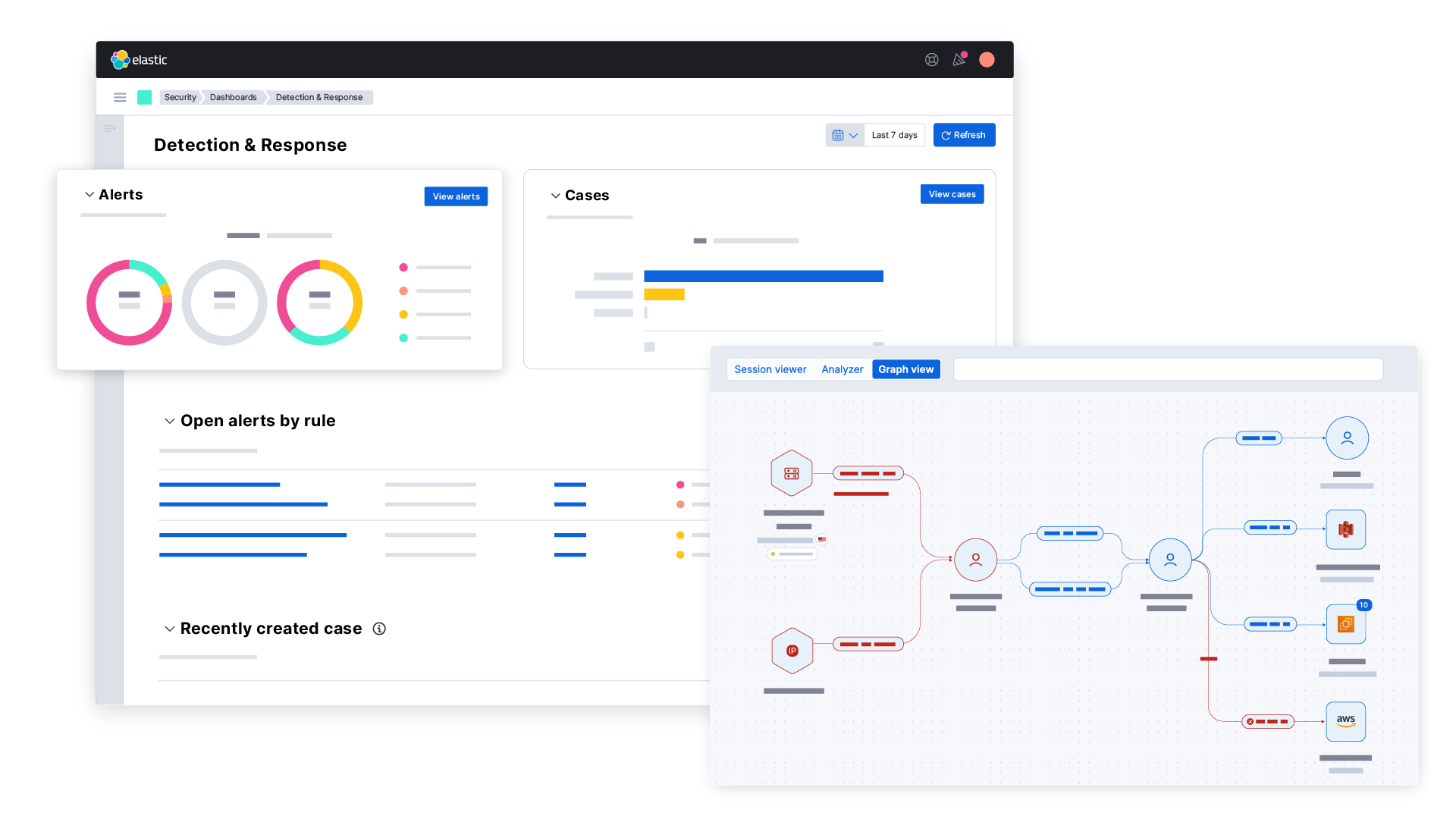 Elastic Security for XDR, with Hosts overview, host alert details, and endpoint response action menu