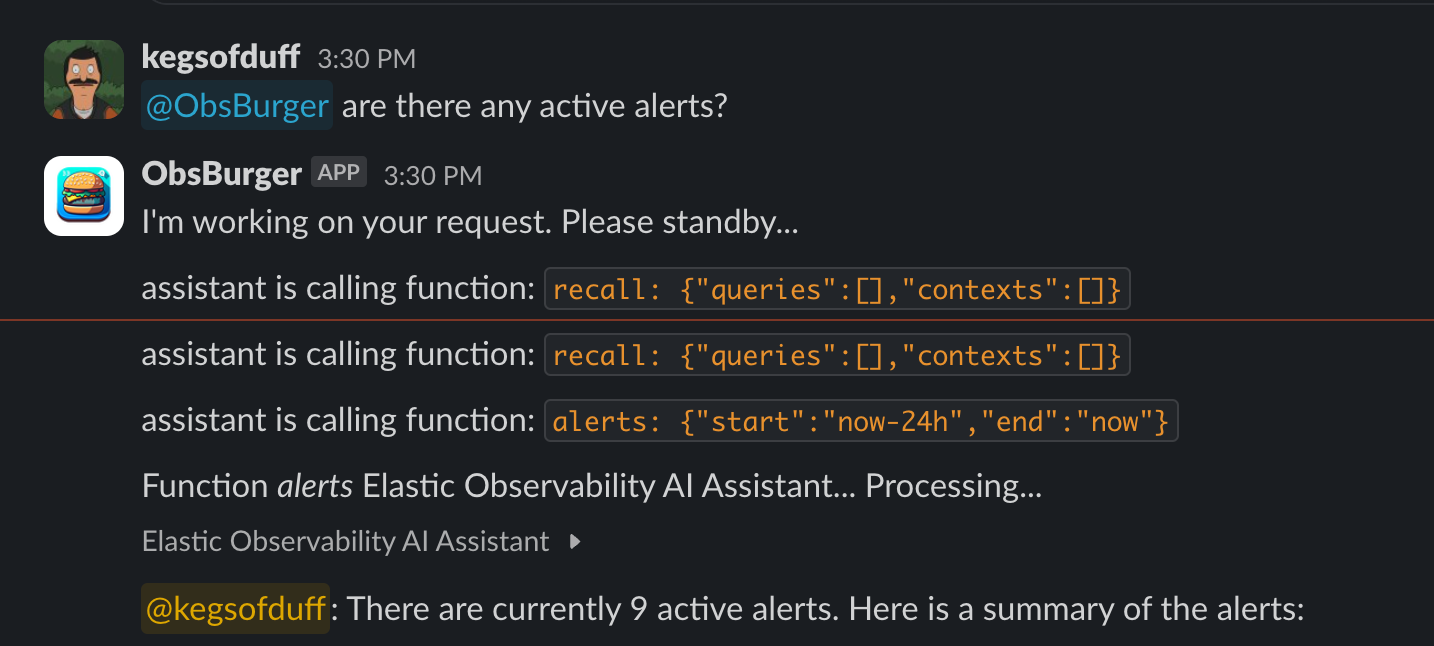 4 - Just like in Kibana, I can as ObsBurger (the AI Assistant) for a list of active alerts