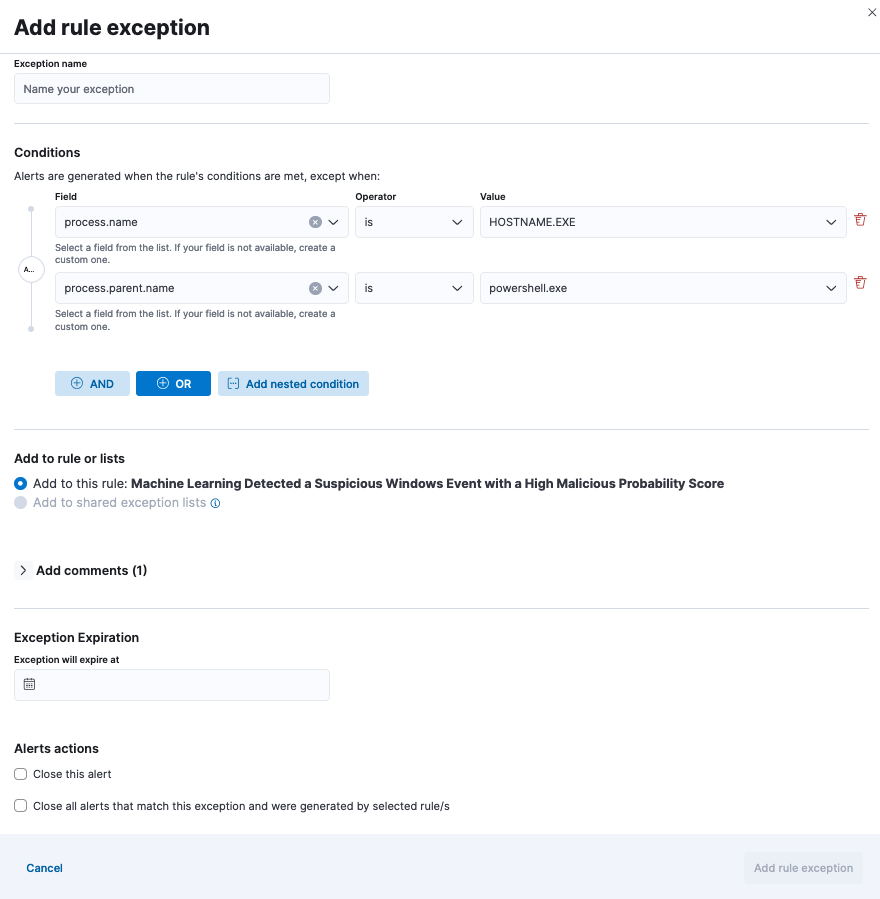 Figure 20. Adding a rule exception with prefilled values