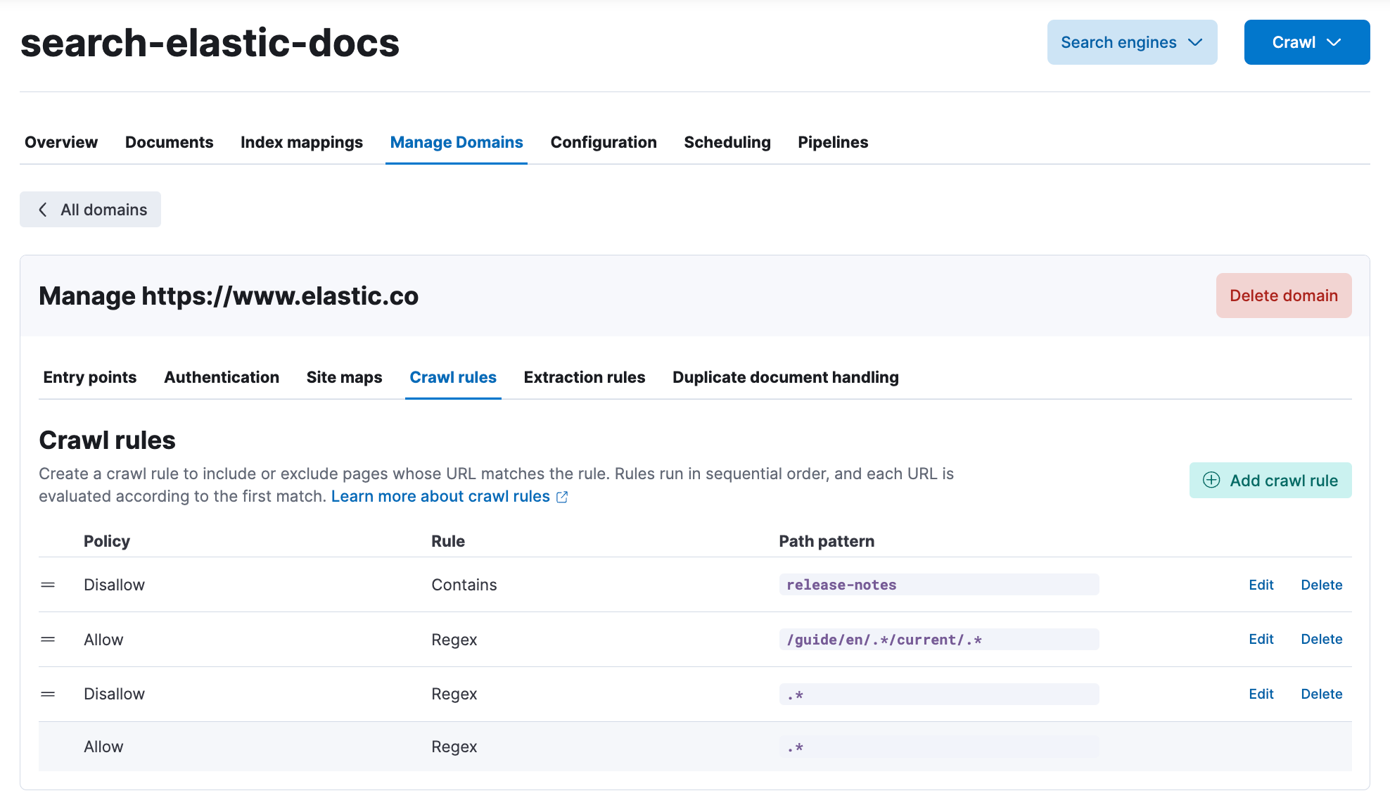 Adding Web Crawling rules in Elasticsearch