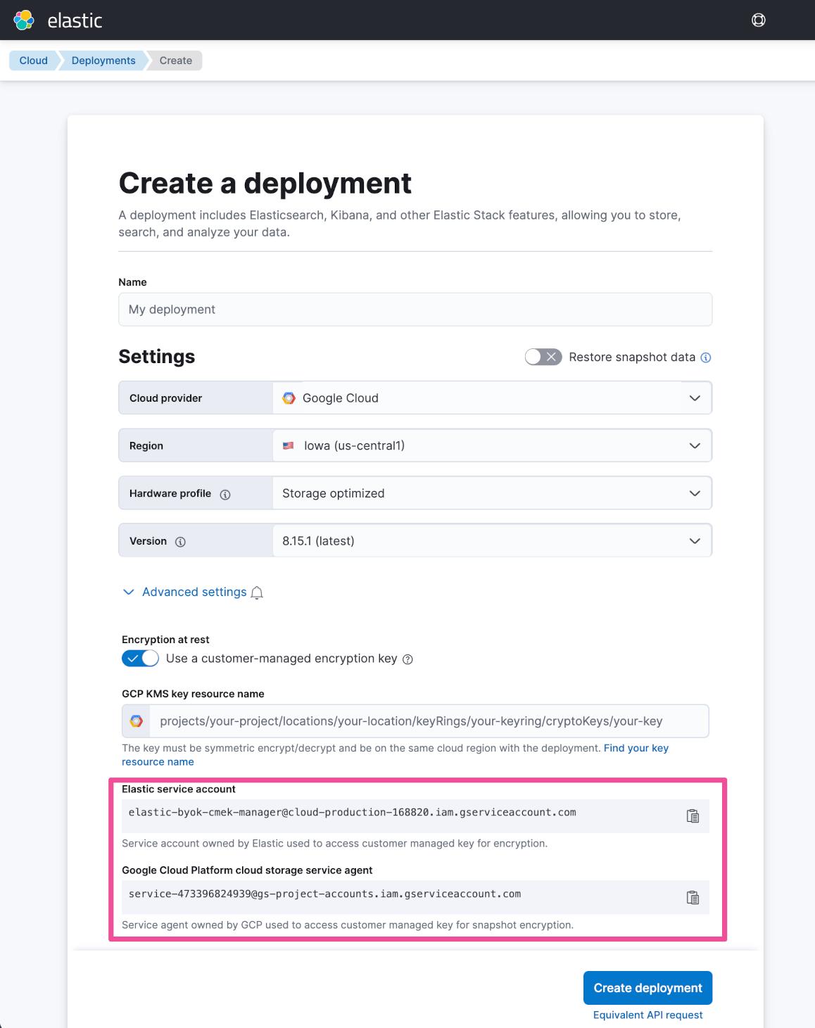 Elastic service account and the Google Cloud Platform cloud storage service agent