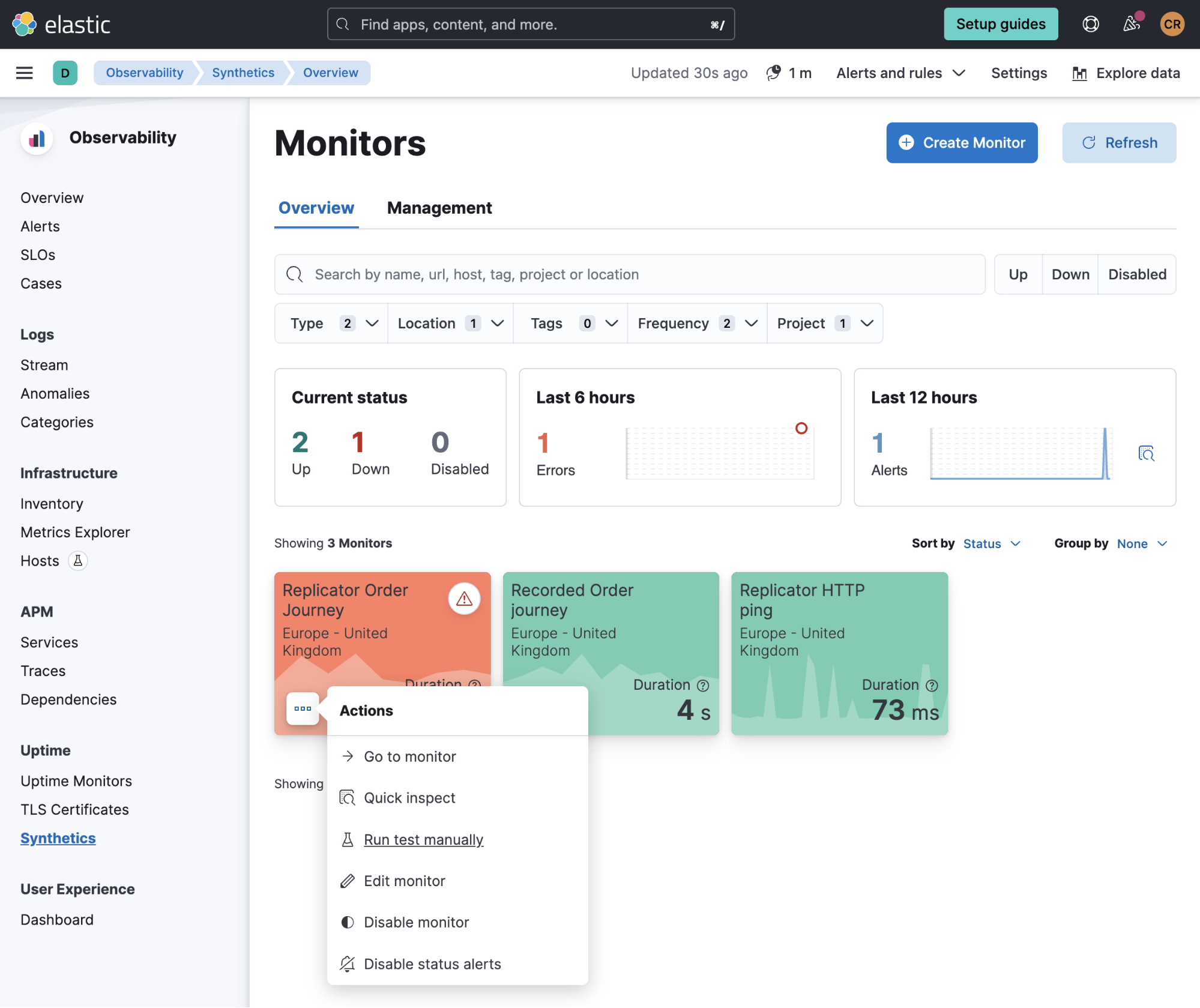 Elastic Observability-Bildschirm „Monitors“