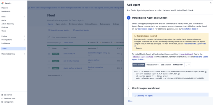 Elastic Agent deployment command and policy configuration