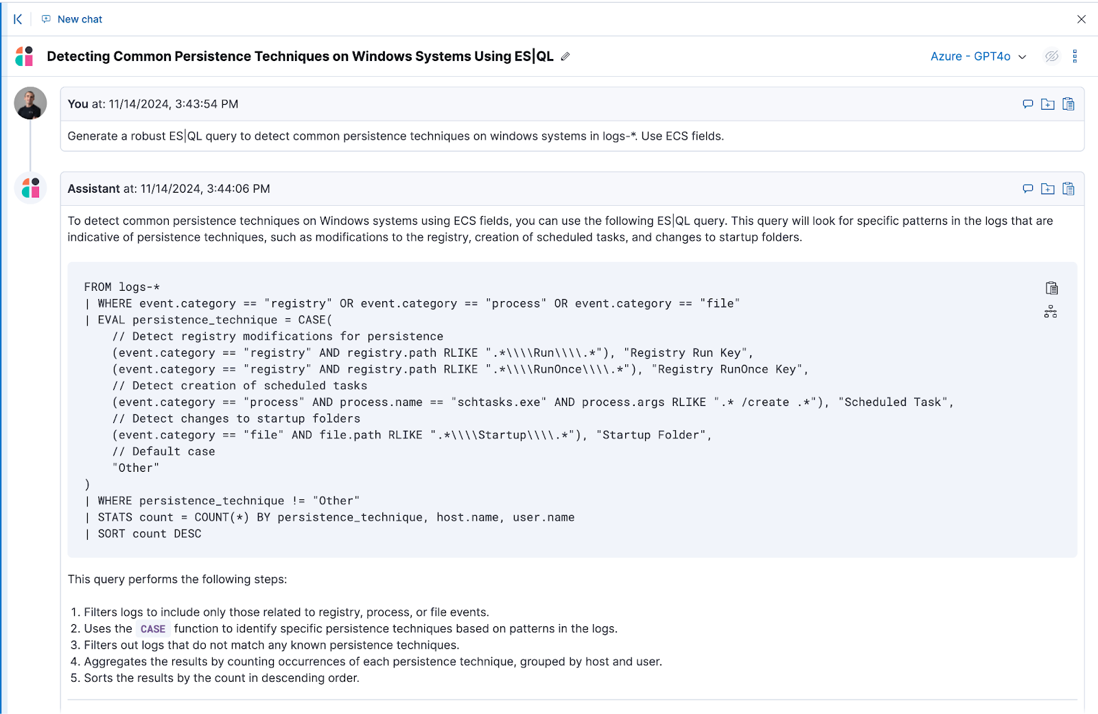 Figure 9. Elastic AI Assistant creates query based on user input