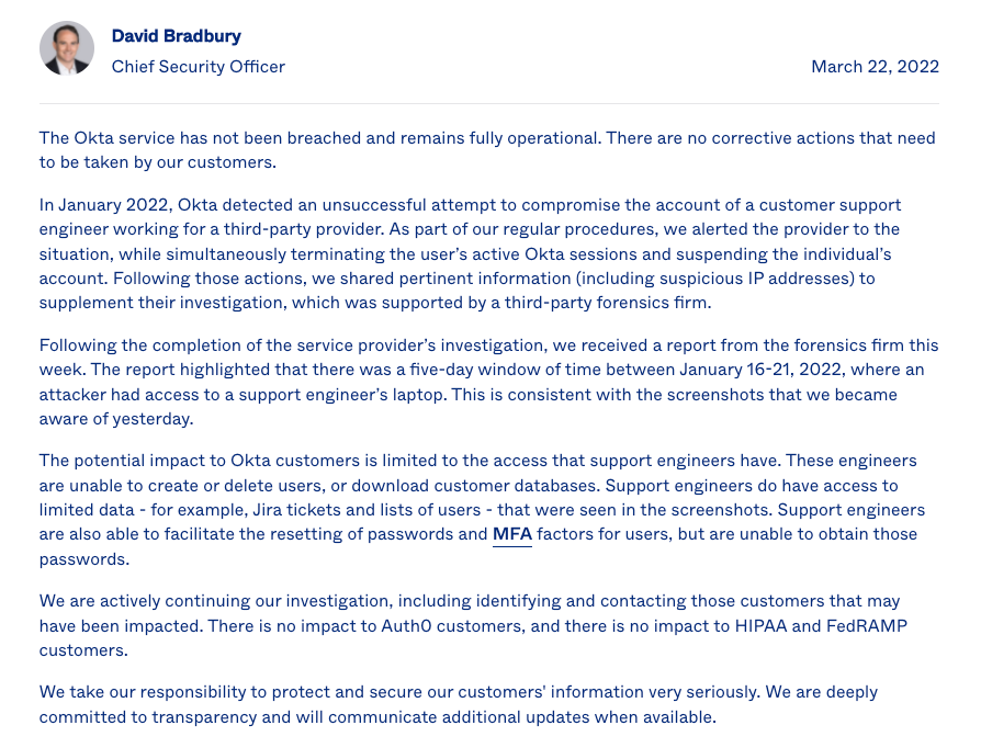 Update from Okta 3/22/22