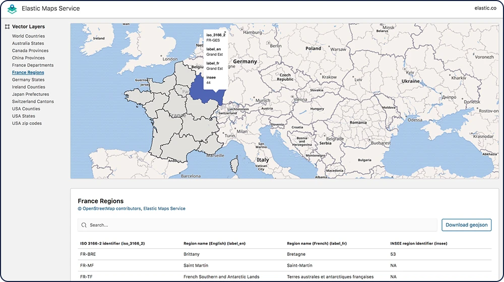Screenshot of Elastic Maps Service vector layers
