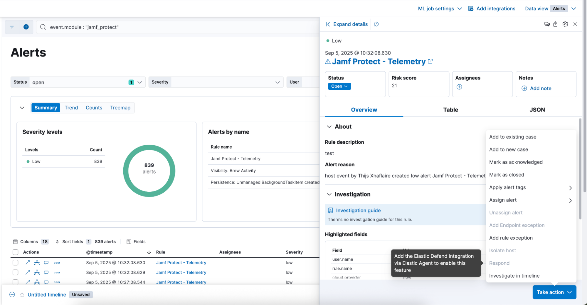 Take action in an endpoint with Elastic Defend