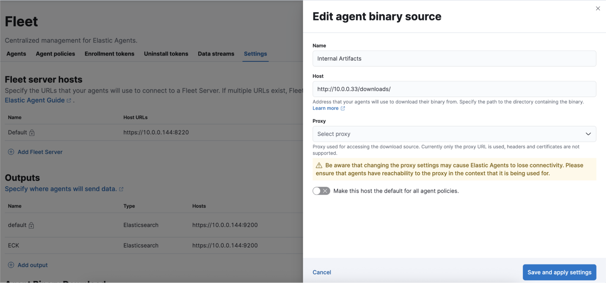 Fleet settings showing the "Edit agent binary source" dialog where you configure the internal artifact server URL