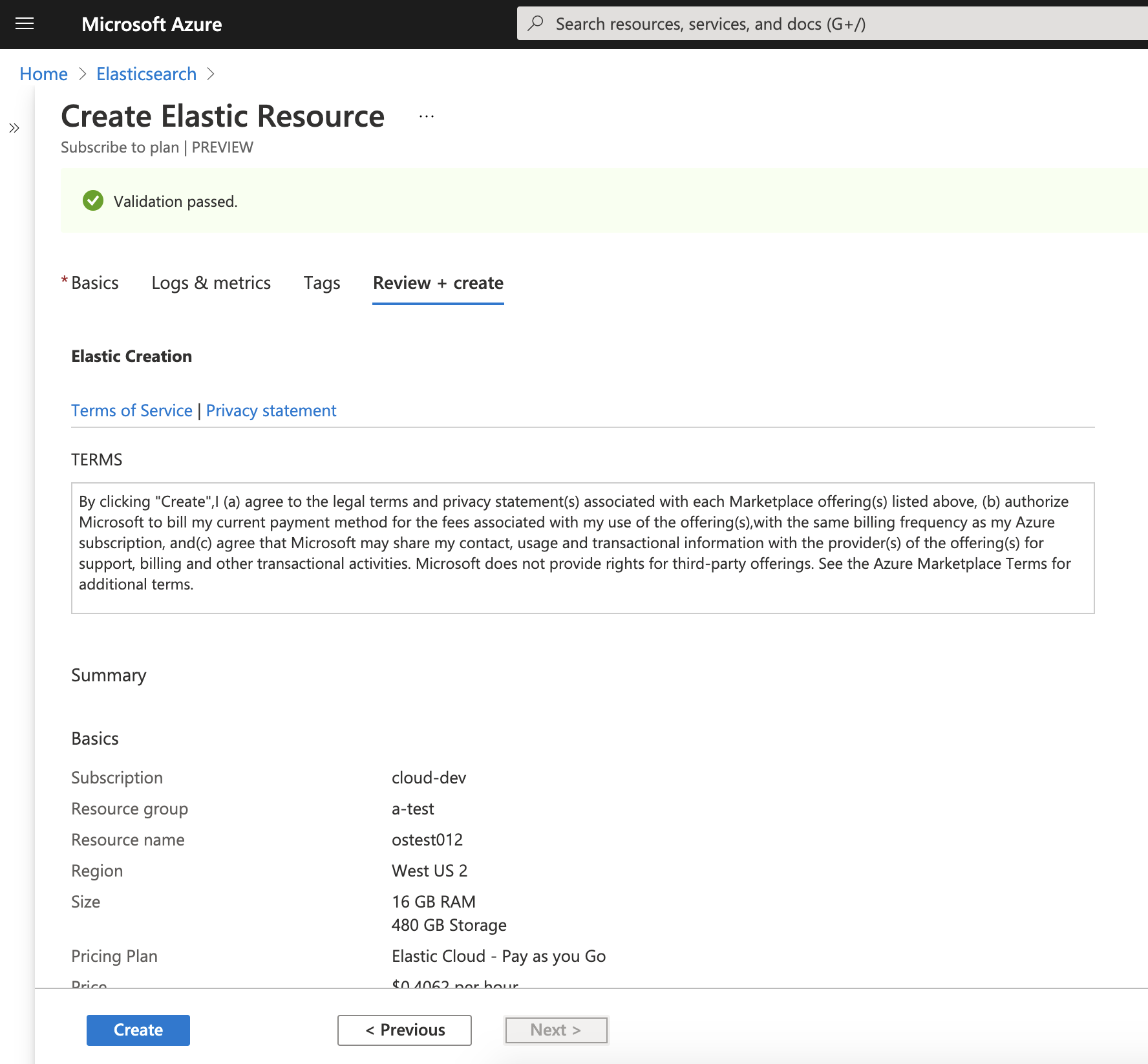 create elastic resource review create