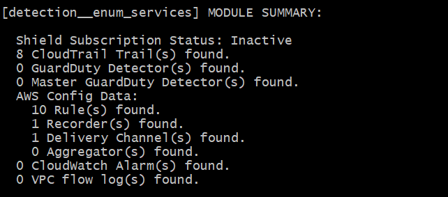 Figure 1 - Enumerating services using Pacu’s detection__enum_services module 