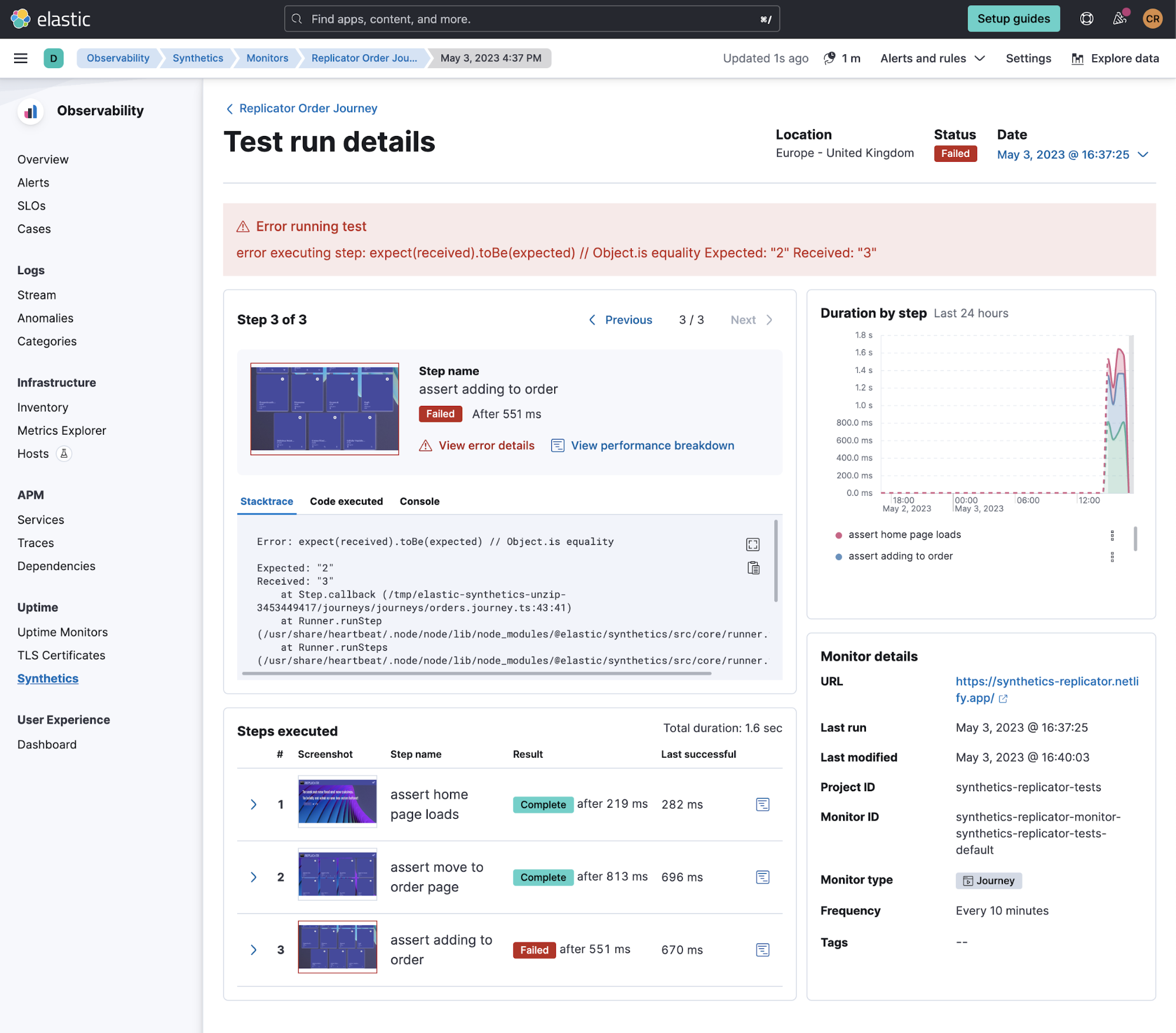 Elastic Observability-Bildschirm „Test run details“