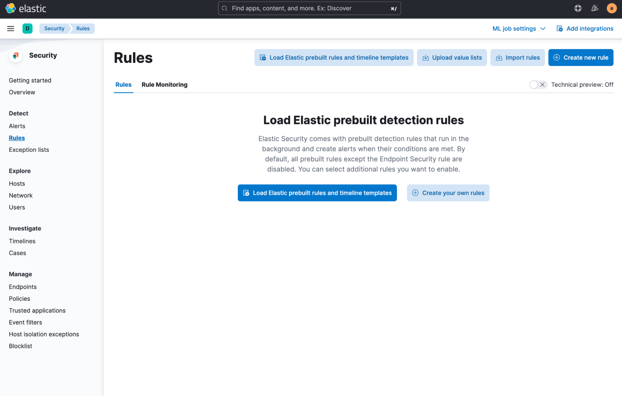 In order to enable and use the installed rules, you can navigate to Security > Rules and select `Load Elastic prebuild rules and timeline templates`.