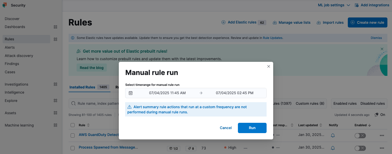 Figure 22. Configuring manual run for a detection rule