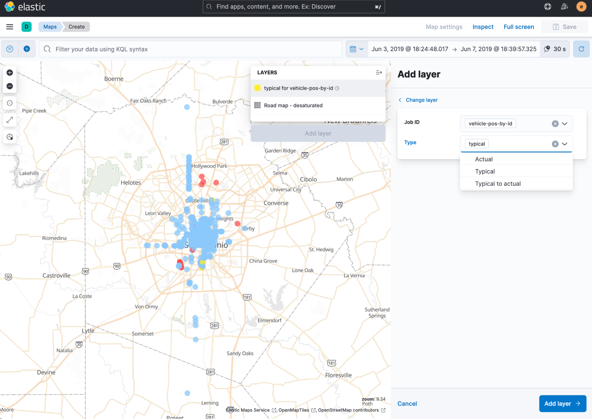 The ‘Typical to actual’ layer connects the typical location, found by the analytical modeling, to the actual location with a line to highlight the difference between these locations.