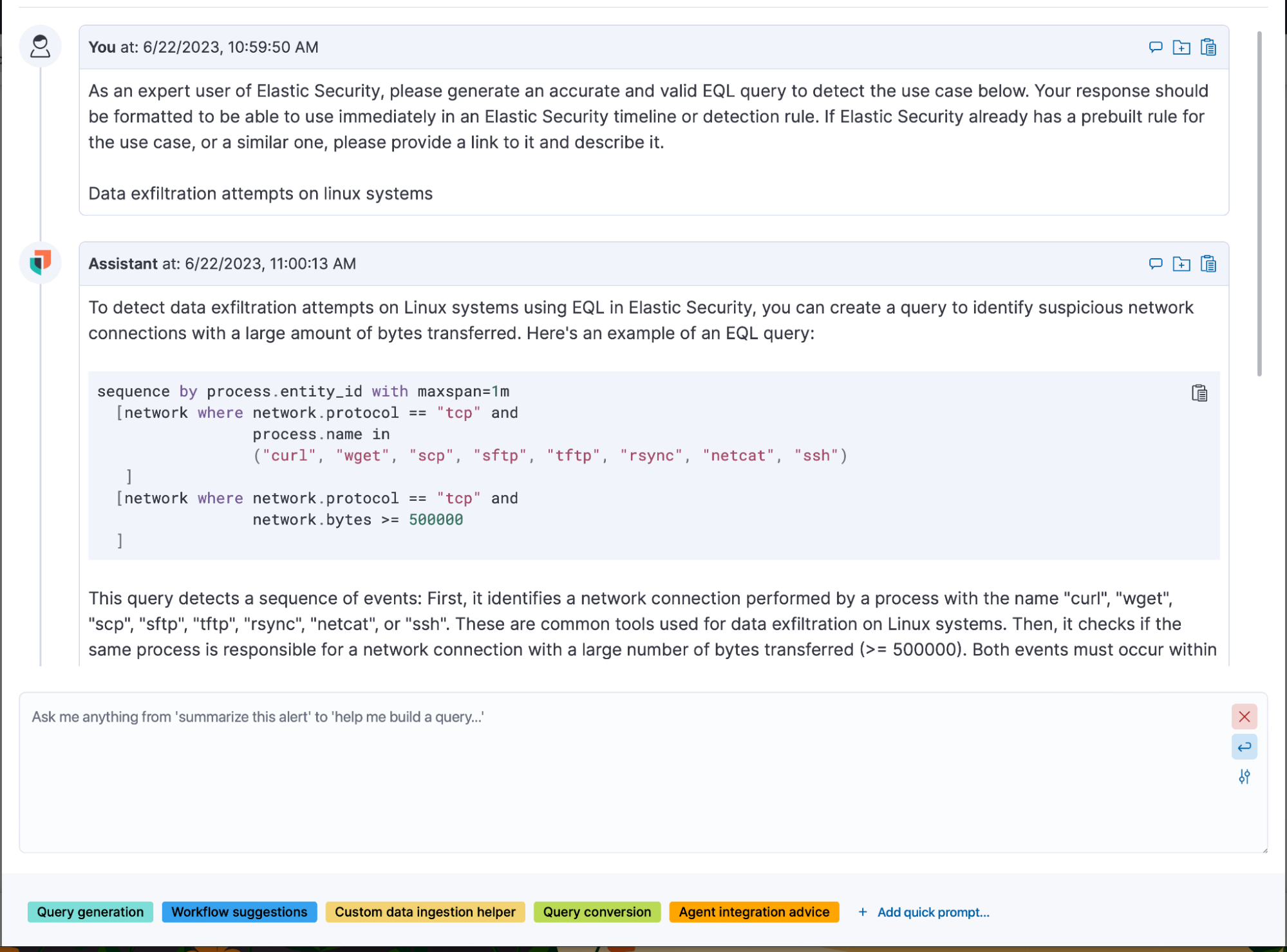 Elastic AI Assistant writes an EQL correlation rule