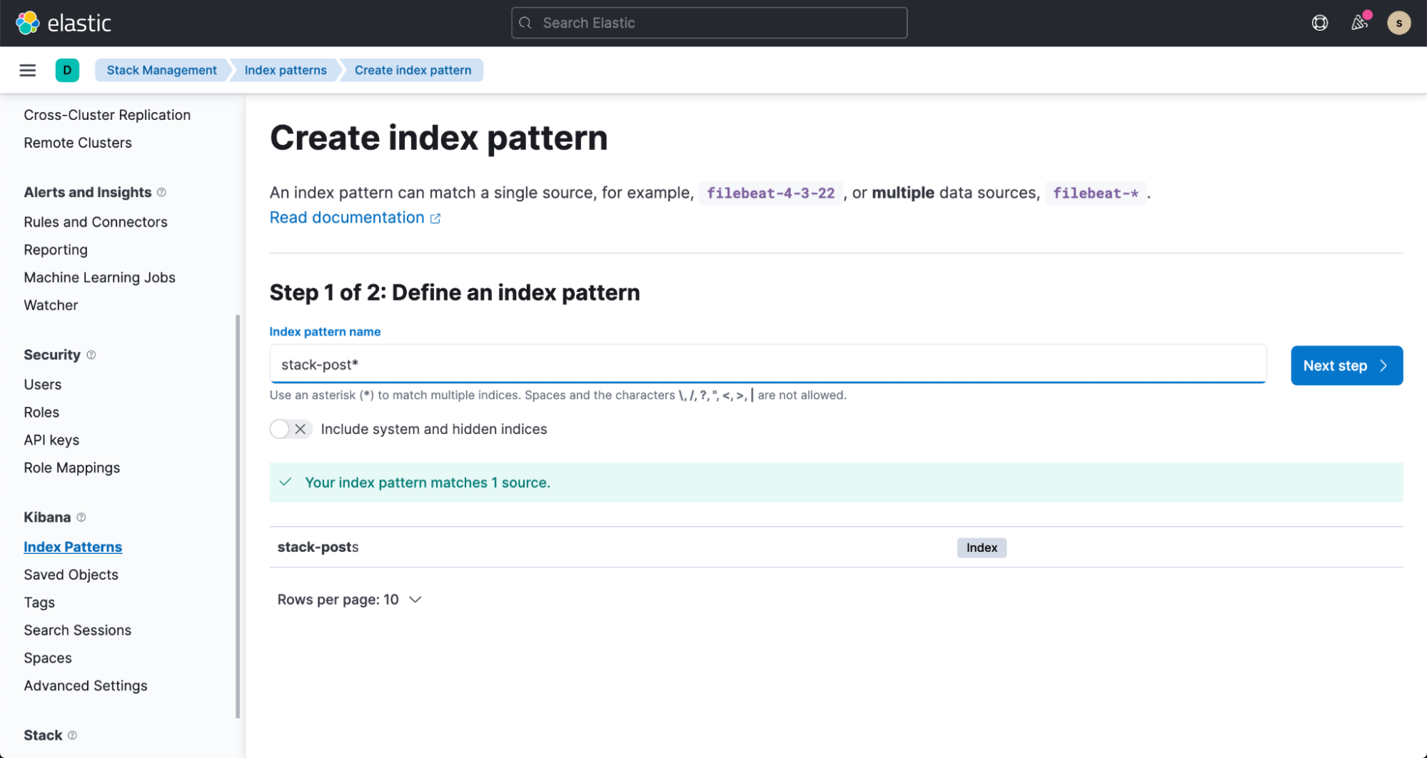 Fenster „Create index pattern“