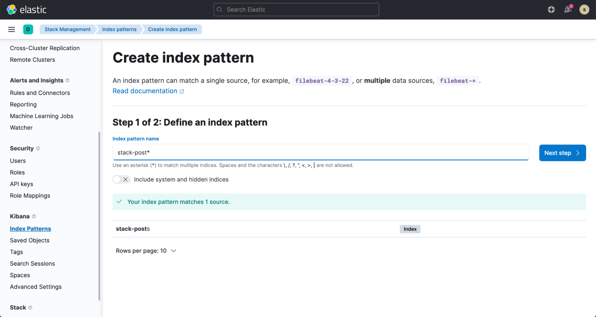 Create index pattern