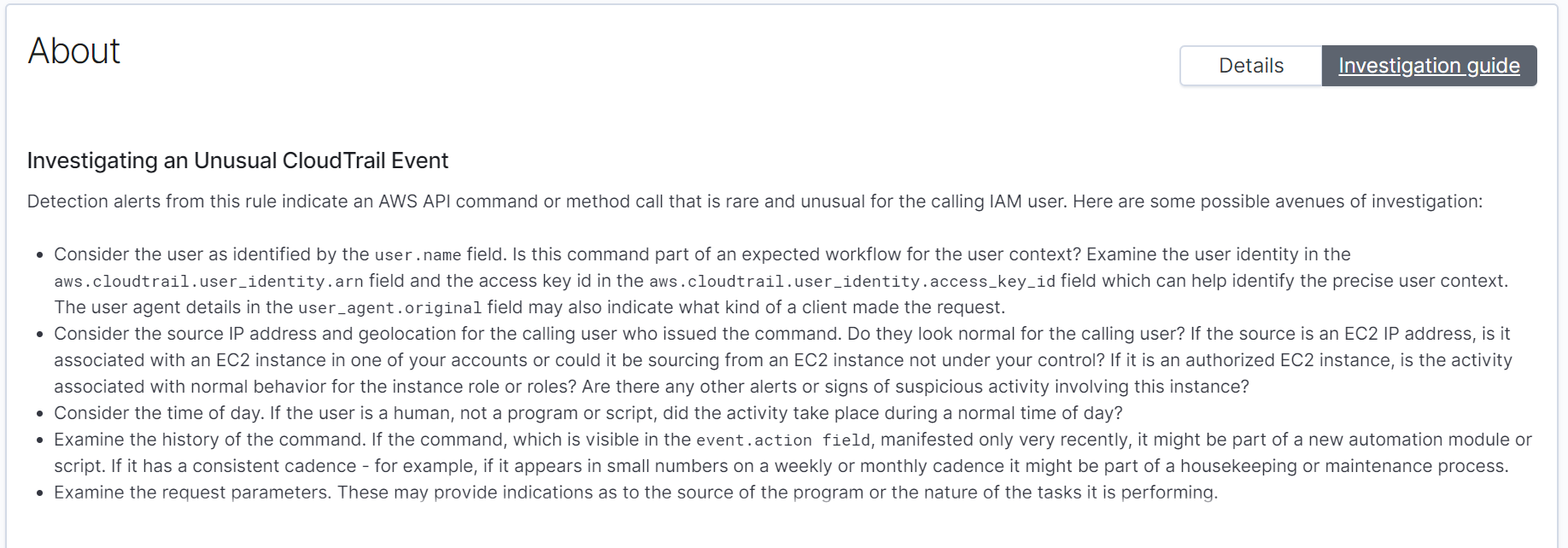 Figure 7 - Viewing the investigation notes for an unusual CloudTrail event